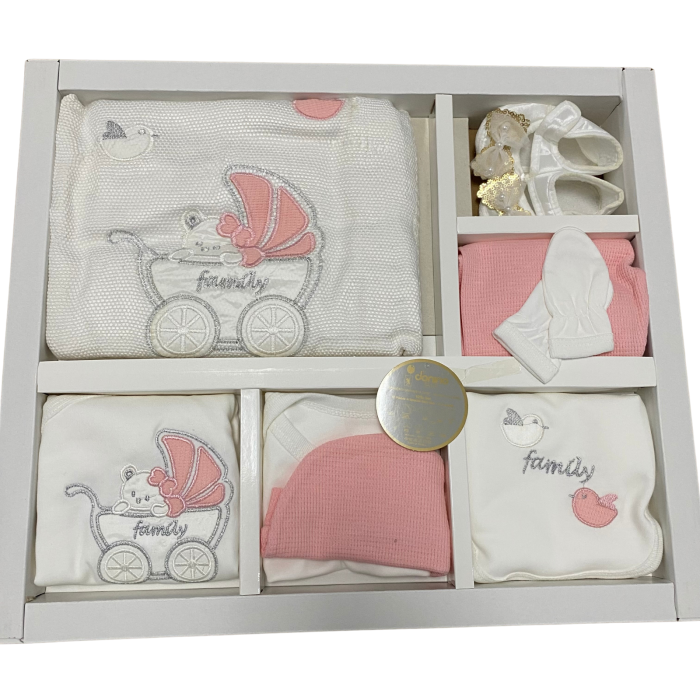 Set nou-născut roz cu imprimeu cărucior și text Family – 10 piese din bumbac moale [1]