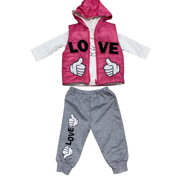 Compleu fetiță 3 piese roz cu vestă „LOVE” și pantaloni gri – model casual cu glugă [1]