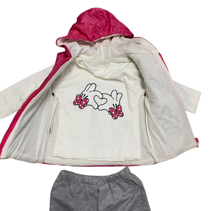 Compleu fetiță 3 piese roz cu vestă „LOVE” și pantaloni gri – model casual cu glugă [4]