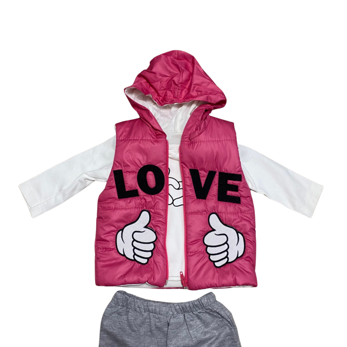 Compleu fetiță 3 piese roz cu vestă „LOVE” și pantaloni gri – model casual cu glugă [2]