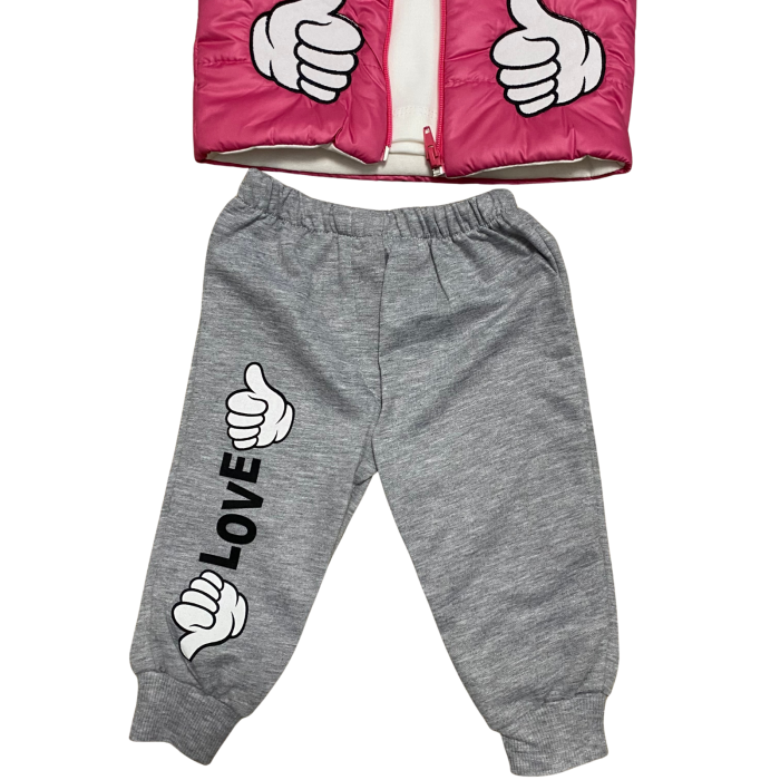Compleu fetiță 3 piese roz cu vestă „LOVE” și pantaloni gri – model casual cu glugă [3]