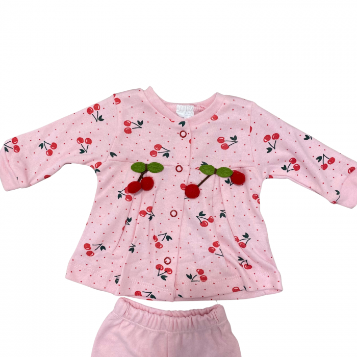 Set roz bebeluși, 2 piese – bluză cu imprimeu și aplicații 3D cireșe + pantaloni [2]