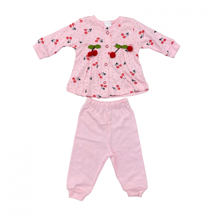 Set roz bebeluși, 2 piese – bluză cu imprimeu și aplicații 3D cireșe + pantaloni [1]