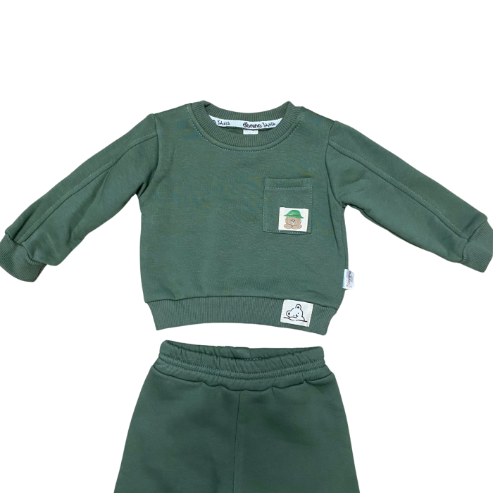 Set trening bebeluș verde închis din bumbac cu buzunar decorativ [2]