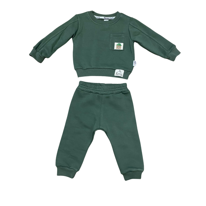 Set trening bebeluș verde închis din bumbac cu buzunar decorativ [1]