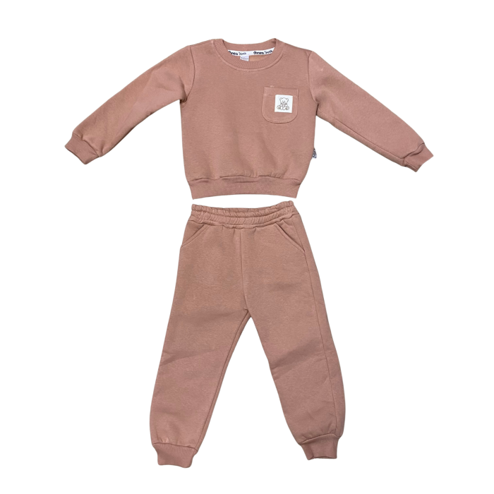 Set trening cu bluză și pantaloni, buzunar frontal și imprimeu ursuleț [1]