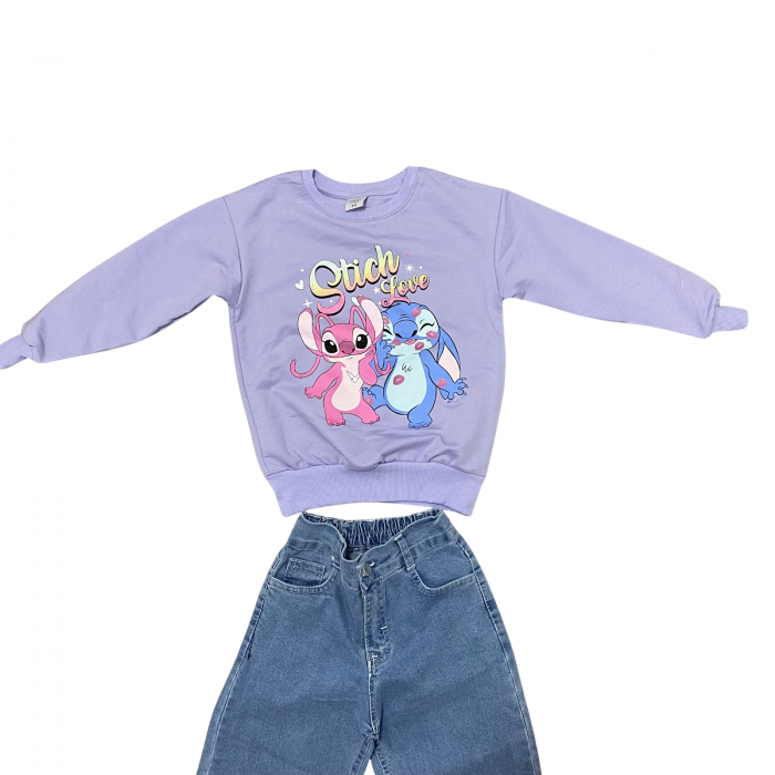 Trening fete 2 piese – bluza mov cu imprimeu Stitch Love si pantaloni jeans largi [2]