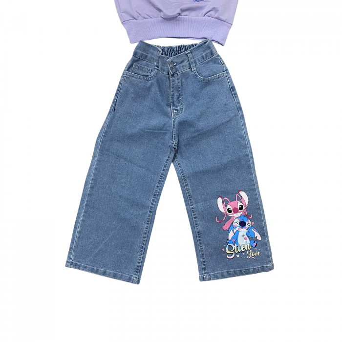 Trening fete 2 piese – bluza mov cu imprimeu Stitch Love si pantaloni jeans largi [3]