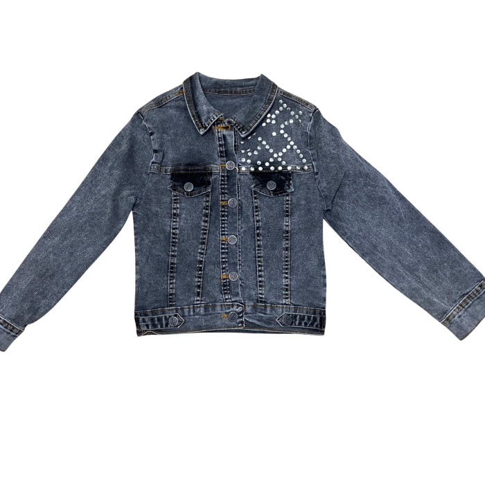 Jachetă denim gri închis cu aplicații de perle decorative pe umăr [1]