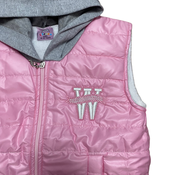 Vesta matlasată roz cu glugă gri detașabilă și fermoar frontal [2]