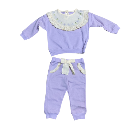 Seturi și compleuri - Set Bluziță cu Guler Volănaș Brodat & Pantaloni cu Fundiță – Stil Delicat pentru Micuțe