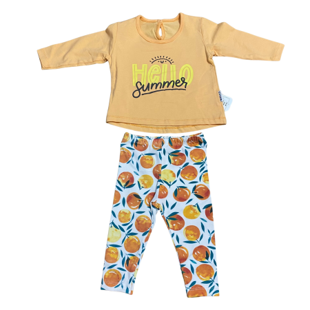 Seturi și compleuri - Set „Hello Summer” din bumbac – Bluziță galbenă + colanți cu imprimeu fructe