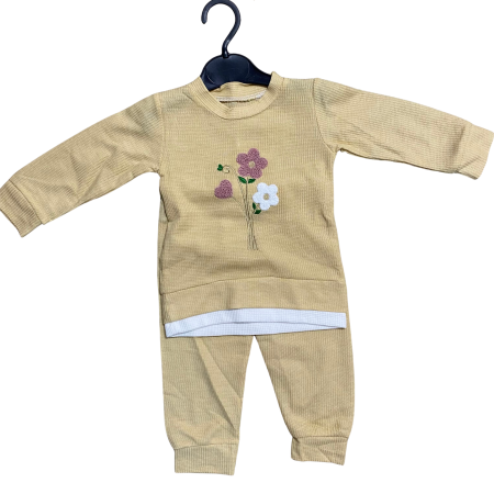 Seturi și compleuri - Set copii din două piese cu bluză brodată cu flori și pantaloni confortabili