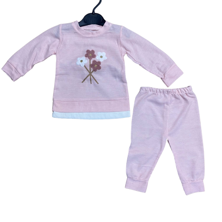 Articole de noapte - Set copii din două piese cu flori brodate – bluziță și pantaloni