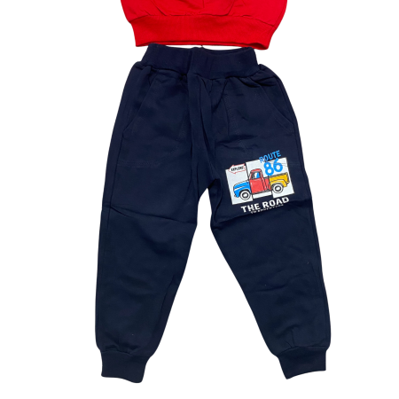 Trening copii roșu „Route 86”  – Bluziță cu imprimeu camion și pantaloni negri, bumbac 100% [2]