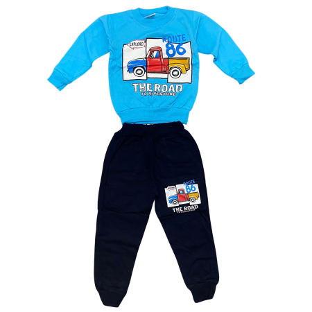 Baieți - Trening copii albastru „Route 86”  – Bluziță cu imprimeu camion și pantaloni negri, bumbac 100%