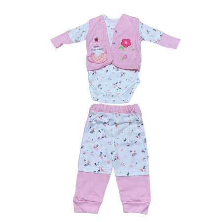 Seturi și compleuri - Set 3 piese copii – body floral, vestă brodată și pantaloni asortați