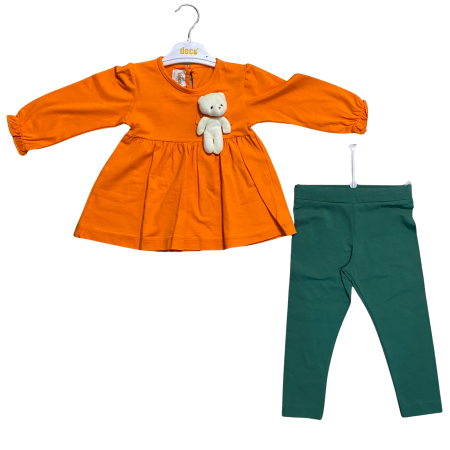 Fete - Set copii cu rochiță portocalie și colanți verzi – model cu ursuleț
