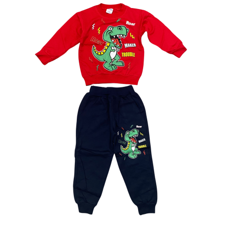 Baieți - Trening copii roșu cu dinozaur  – Bluziță și pantaloni negri, bumbac 100%