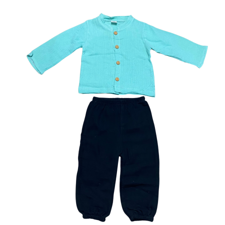 Articole de iarna - Set copii din bumbac dublu – cămașă turcoaz cu pantaloni negri