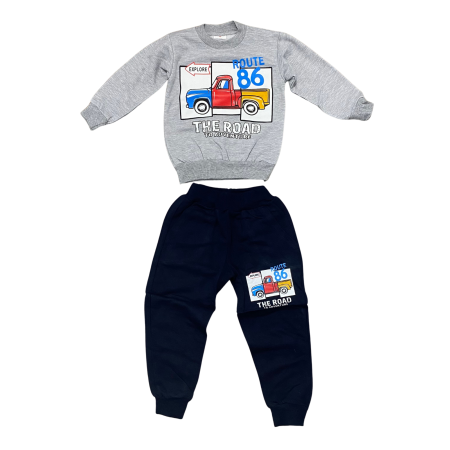 Baieți - Trening copii „Route 86”  – Bluziță gri și pantaloni negri, bumbac 100%