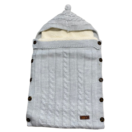 Bebeluși băieți - Sac tricotat bebe din bumbac cu interior călduros și glugă cu nasturi laterali