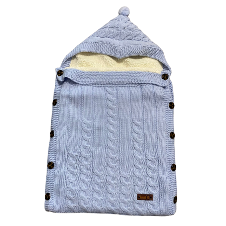 Sac tricotat bebe din bumbac cu interior călduros și glugă cu nasturi laterali