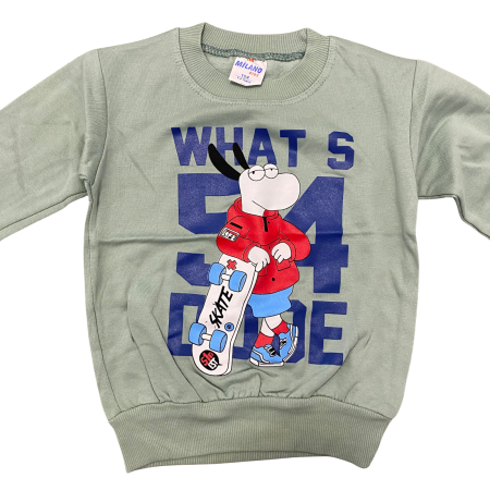 Bluziță verde pentru copii cu imprimeu skateboard și mesaj „What’s Up Dude” [1]