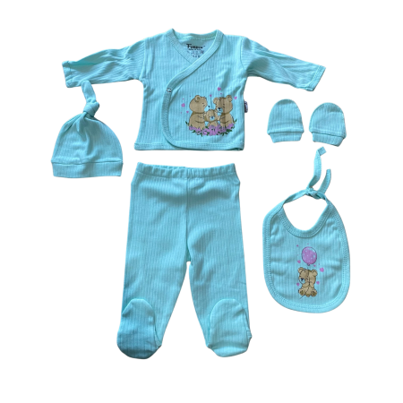 Articole de noapte - Set 5 piese cu imprimeu ursuleți – bluză, pantaloni, bavețică, căciuliță și mănuși