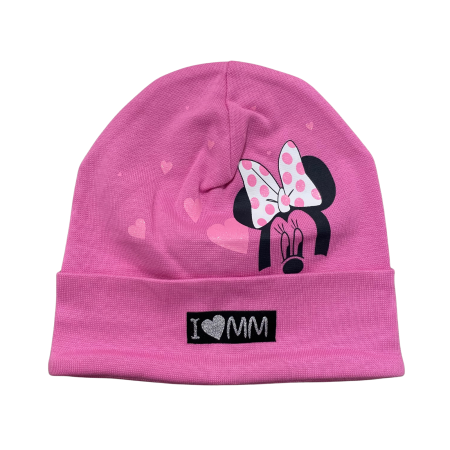 Bebeluși fete - Căciuliță pentru bebeluși din bumbac, cu imprimeu Minnie Mouse și inimioare