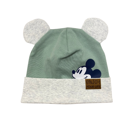 Accesorii - Căciuliță pentru bebeluși din bumbac, cu urechiușe și imprimeu Mickey Mouse