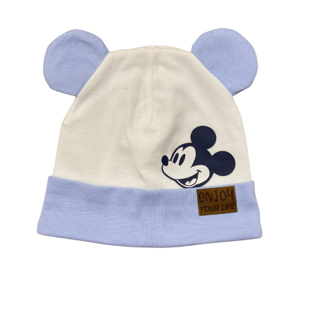 Bebeluși băieți - Căciuliță pentru bebeluși din bumbac, cu urechiușe și imprimeu Mickey Mouse