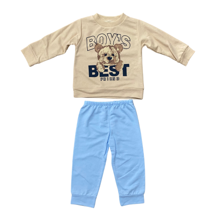 Compleu bebe din bumbac, bluză și pantaloni colorați, imprimeu Best Friend Urs