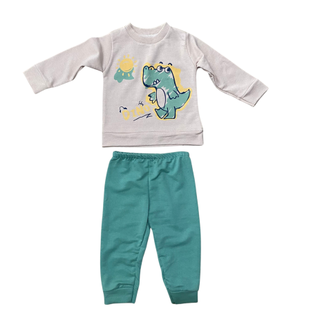 Articole de iarna - Compleu bebe din bumbac, bluză și pantaloni colorați, imprimeu cu dino