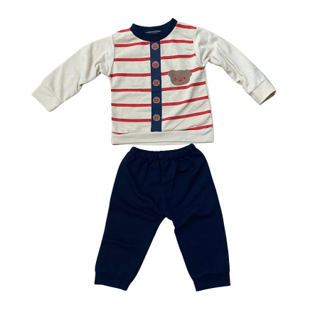 Compleu bebe din bumbac, bluză și pantaloni colorați, imprimeu dungi rosi si ursulet [2]