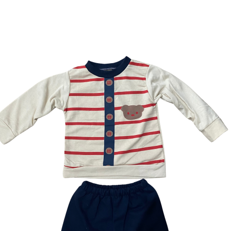 Compleu bebe din bumbac, bluză și pantaloni colorați, imprimeu dungi rosi si ursulet