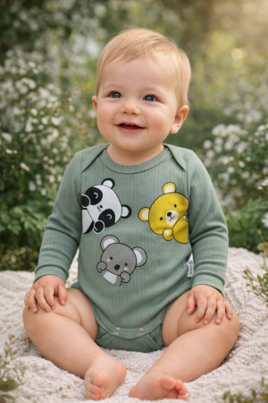 Bebeluși băieți - Body bebe verde reiat cu mânecă lungă și imprimeu ursuleți
