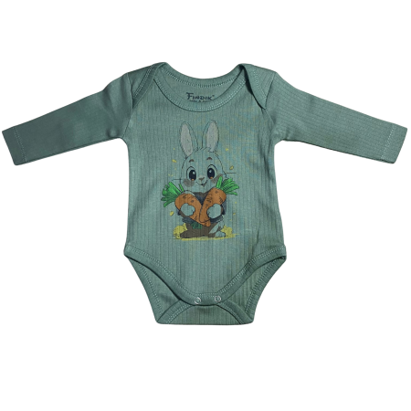 Bebeluși băieți - Body bebe verde reiat cu mânecă lungă și imprimeu iepuraș