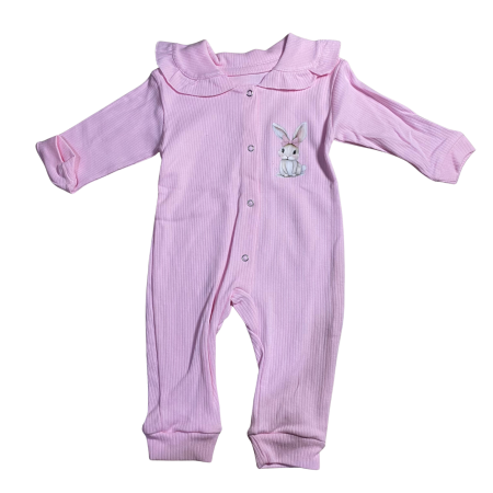 Rochii și salopete - Salopetă bebe reiată cu guler rotund și imprimeu iepuraș