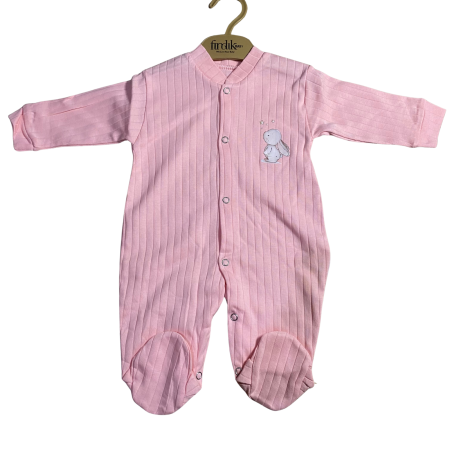 Bebeluși fete - Salopetă bebe reiată roz cu botoșei și aplicație iepuraș