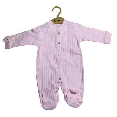 Bebeluși fete - Salopetă bebe roz pal reiată cu botoșei și capse frontale