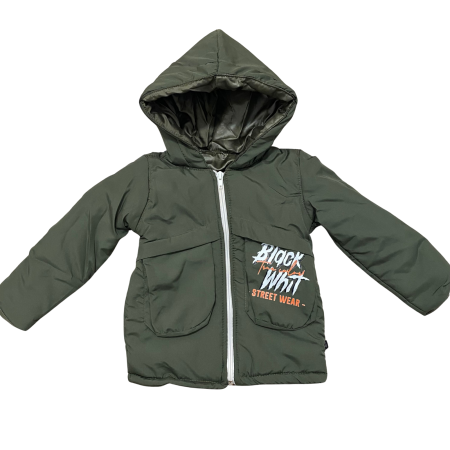 Bebeluși băieți - Geacă groasă copii kaki cu glugă și buzunare frontale „Black Whit Street Wear”