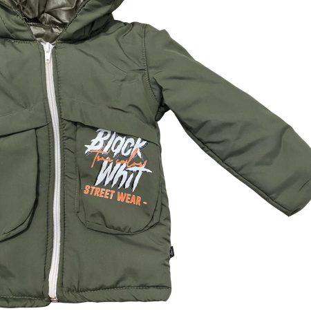 Geacă groasă copii kaki cu glugă și buzunare frontale „Black Whit Street Wear” [2]