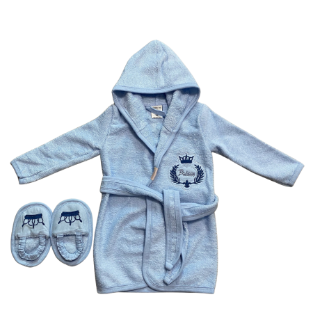 Baieți - Halat bebe din bumbac cu glugă și papucei asortați, broderie „Prince”