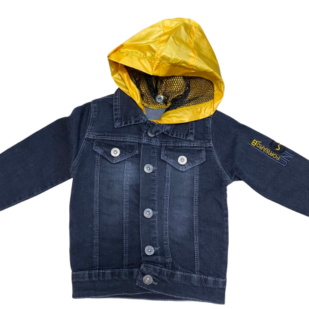 Jachetă copii din denim bleumarin cu glugă galbenă detașabilă și detalii brodate [1]