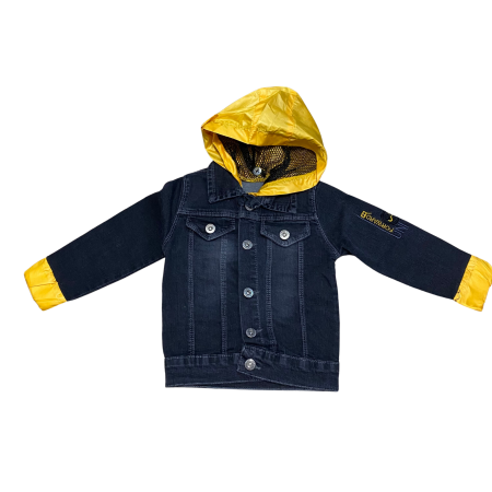 Baieți - Jachetă copii din denim bleumarin cu glugă galbenă detașabilă și detalii brodate