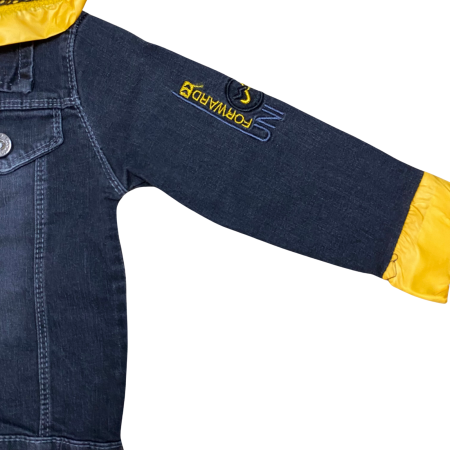 Jachetă copii din denim bleumarin cu glugă galbenă detașabilă și detalii brodate [2]