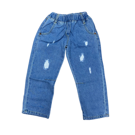 Pantaloni - Blugi albastru deschis cu detalii prespălate și croială lejeră