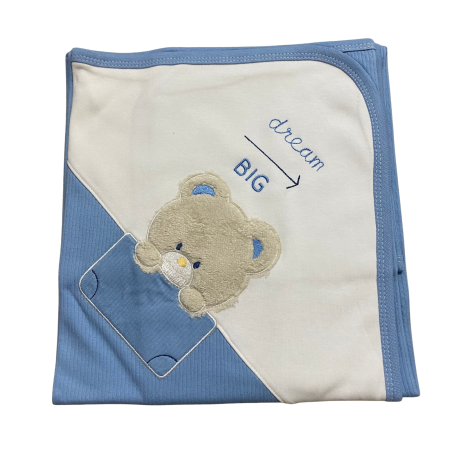 Păturică bebe din bumbac cu glugă și aplicație ursuleț „Dream Big”