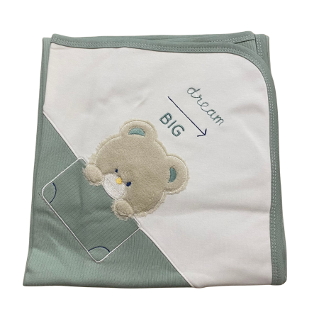 Bebeluși băieți - Păturică bebe din bumbac cu glugă și aplicație ursuleț „Dream Big”